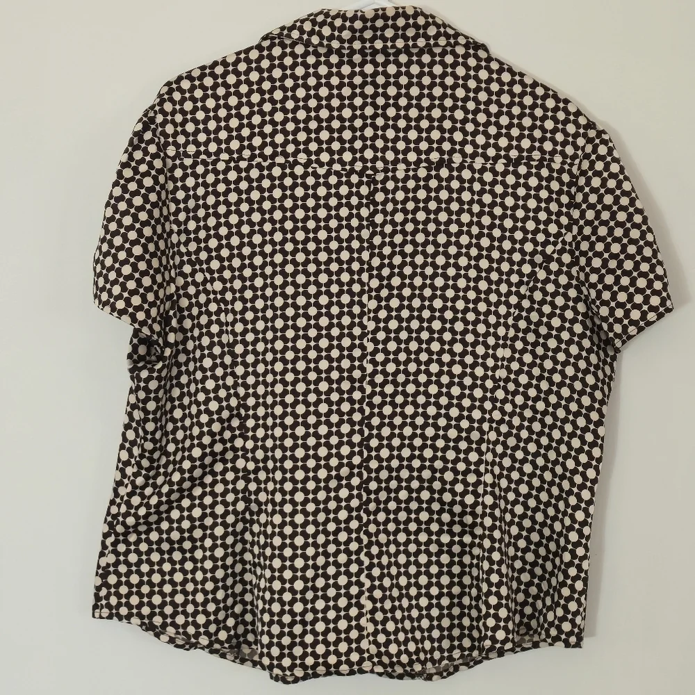 Rickis Size 16 Geometric Mod Print Brown Cream Button Down Blouse Short Sleeve 9 - Picture 11 of 13